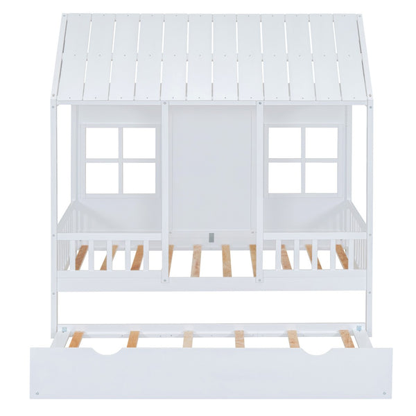 HomeRoots White Wood Twin House Bed with Trundle - Stylish, Durable Frame for Kids' Rooms & Sleepovers 590581