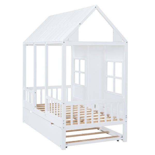 HomeRoots White Wood Twin House Bed with Trundle - Stylish, Durable Frame for Kids' Rooms & Sleepovers 590581