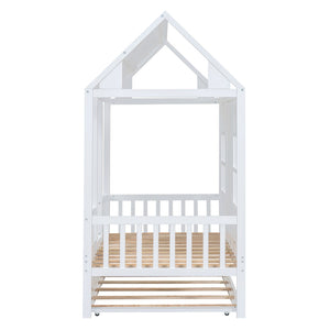 HomeRoots White Wood Twin House Bed with Trundle - Stylish, Durable Frame for Kids' Rooms & Sleepovers 590581