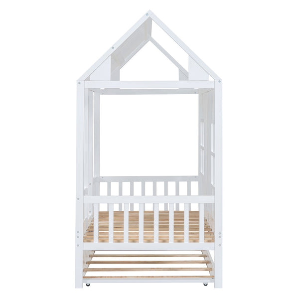 HomeRoots White Wood Twin House Bed with Trundle - Stylish, Durable Frame for Kids' Rooms & Sleepovers 590581