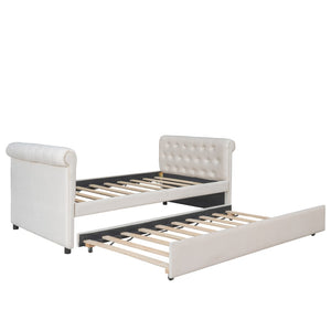 HomeRoots Beige Tufted Upholstered Twin Daybed with Trundle – Stylish, Versatile Seating and Sleep Solution! 590583