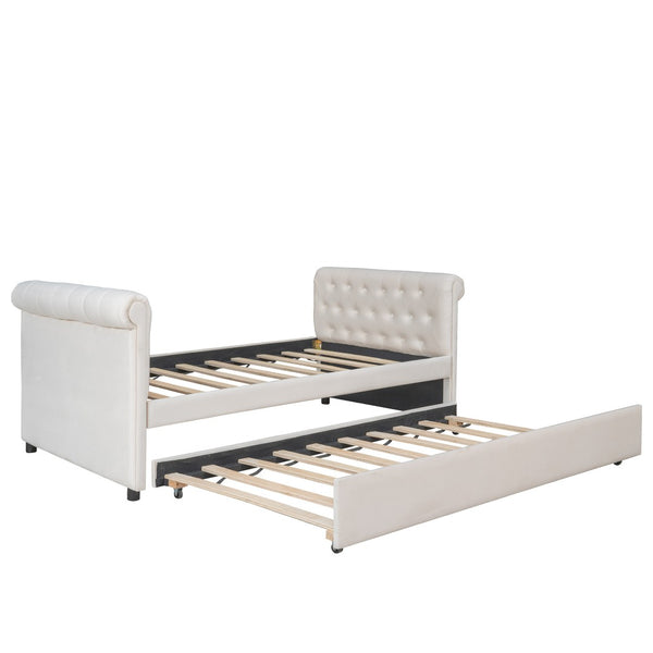HomeRoots Beige Tufted Upholstered Twin Daybed with Trundle – Stylish, Versatile Seating and Sleep Solution! 590583