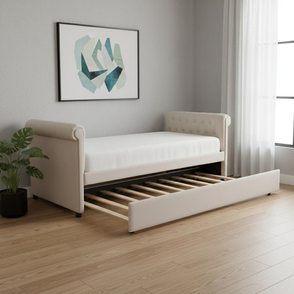 HomeRoots Beige Tufted Upholstered Twin Daybed with Trundle – Stylish, Versatile Seating and Sleep Solution! 590583