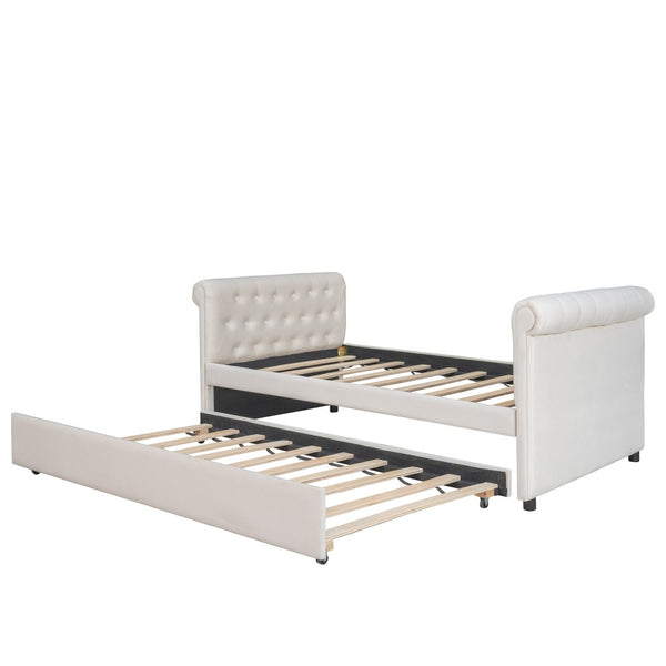 HomeRoots Beige Tufted Upholstered Twin Daybed with Trundle – Stylish, Versatile Seating and Sleep Solution! 590583