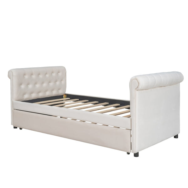 HomeRoots Beige Tufted Upholstered Twin Daybed with Trundle – Stylish, Versatile Seating and Sleep Solution! 590583