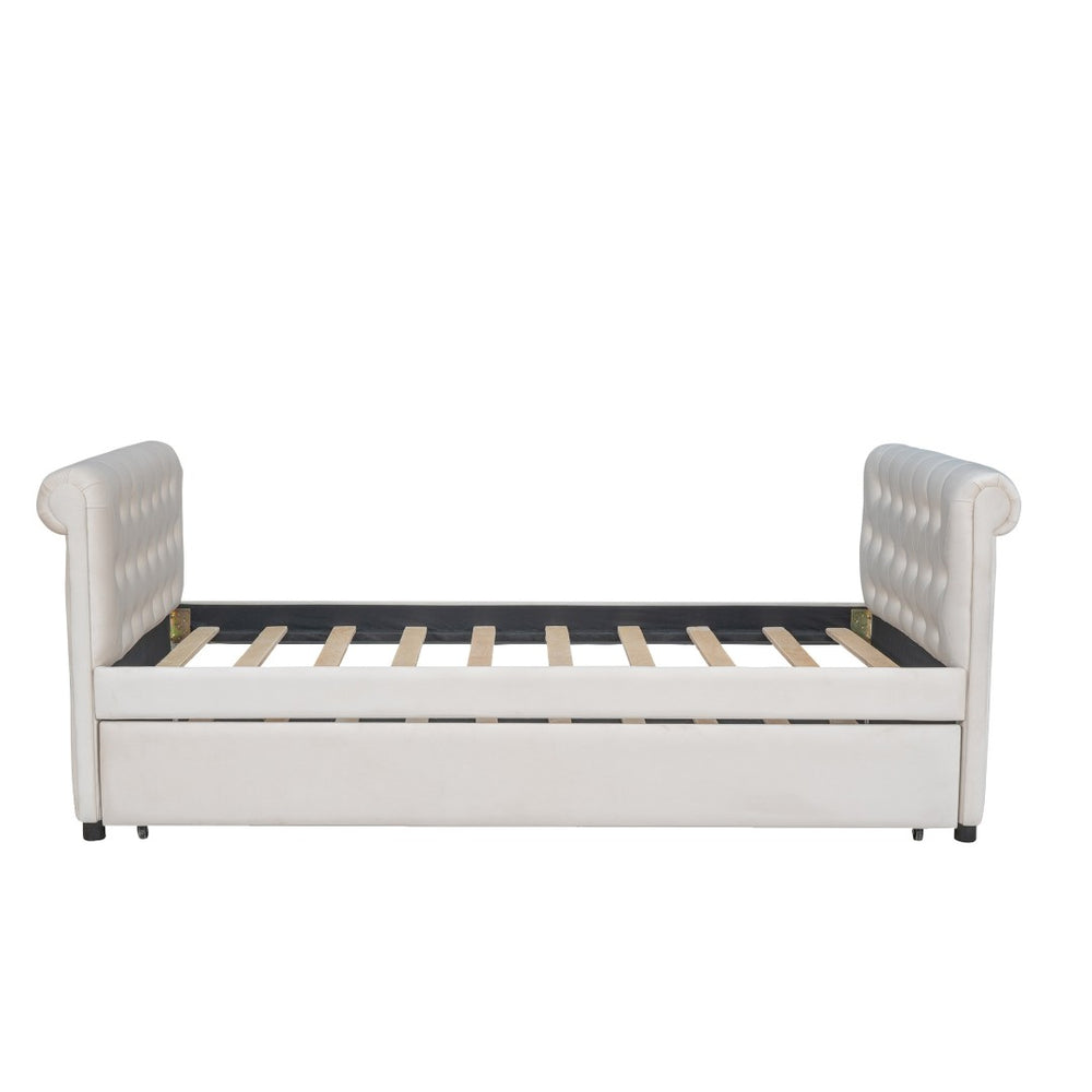 HomeRoots Beige Tufted Upholstered Twin Daybed with Trundle – Stylish, Versatile Seating and Sleep Solution! 590583