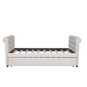 HomeRoots Beige Tufted Upholstered Twin Daybed with Trundle – Stylish, Versatile Seating and Sleep Solution! 590583