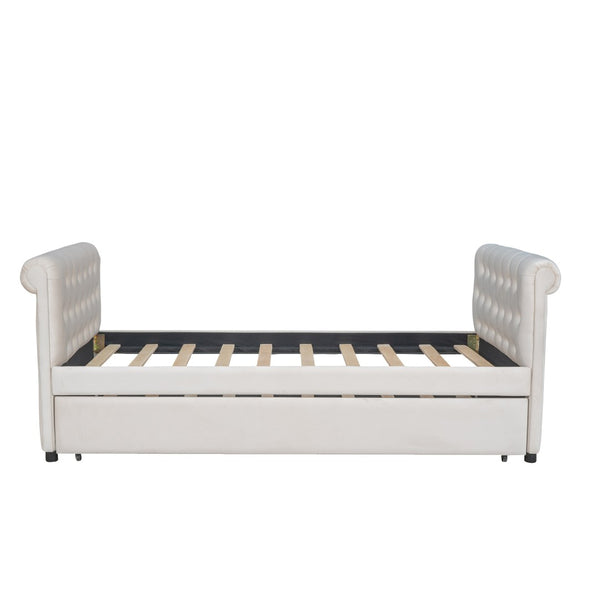 HomeRoots Beige Tufted Upholstered Twin Daybed with Trundle – Stylish, Versatile Seating and Sleep Solution! 590583
