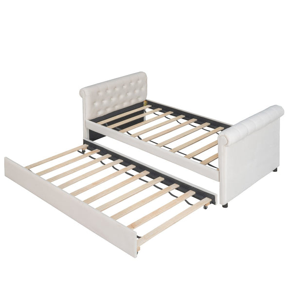 HomeRoots Beige Tufted Upholstered Twin Daybed with Trundle – Stylish, Versatile Seating and Sleep Solution! 590583