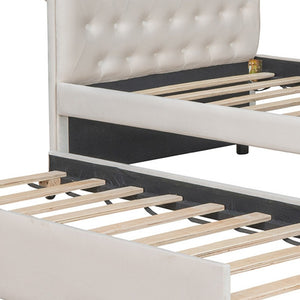 HomeRoots Beige Tufted Upholstered Twin Daybed with Trundle – Stylish, Versatile Seating and Sleep Solution! 590583