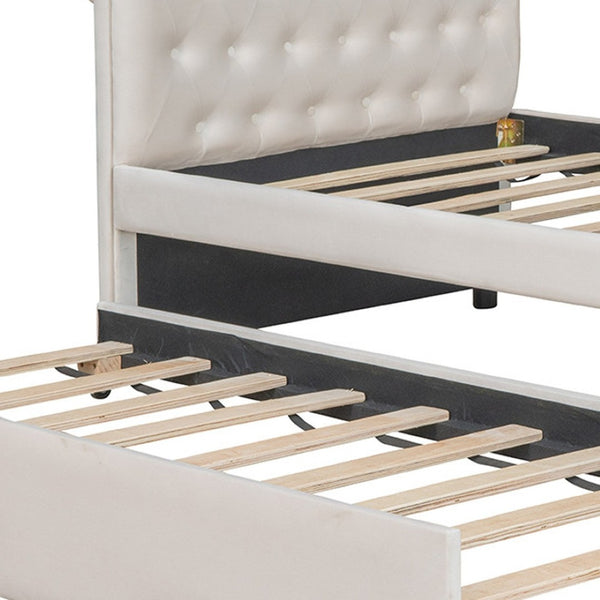 HomeRoots Beige Tufted Upholstered Twin Daybed with Trundle – Stylish, Versatile Seating and Sleep Solution! 590583