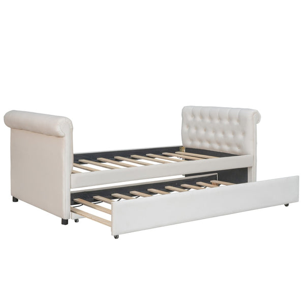 HomeRoots Beige Tufted Upholstered Twin Daybed with Trundle – Stylish, Versatile Seating and Sleep Solution! 590583