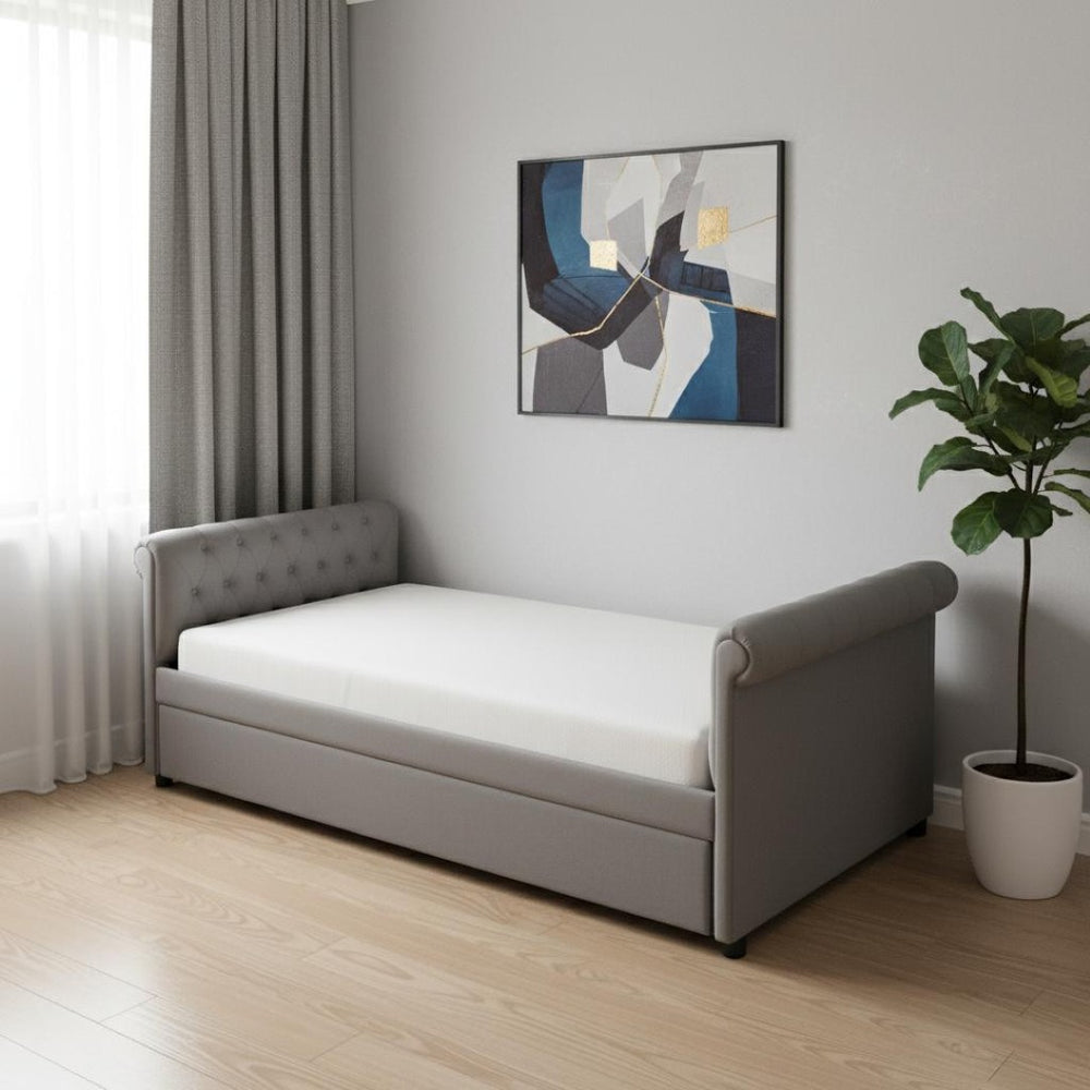 HomeRoots Gray Tufted Upholstered Twin Day Bed with Trundle – Versatile Seating and Sleep Solution for Any Room 590585