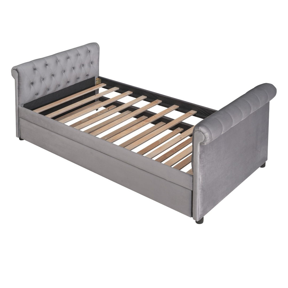 HomeRoots Gray Tufted Upholstered Twin Day Bed with Trundle – Versatile Seating and Sleep Solution for Any Room 590585