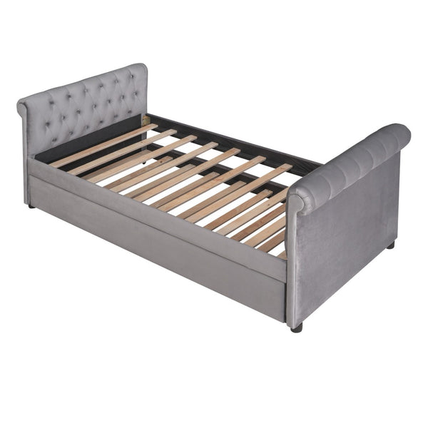 HomeRoots Gray Tufted Upholstered Twin Day Bed with Trundle – Versatile Seating and Sleep Solution for Any Room 590585