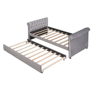 HomeRoots Gray Tufted Upholstered Twin Day Bed with Trundle – Versatile Seating and Sleep Solution for Any Room 590585