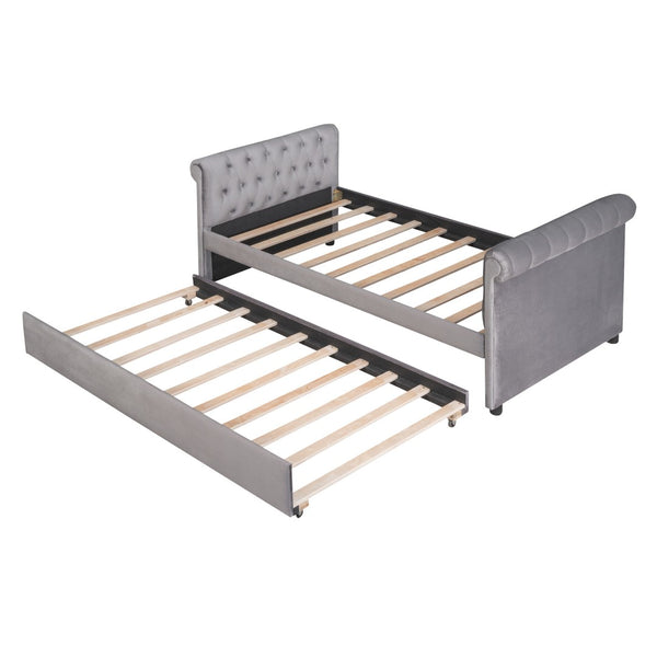 HomeRoots Gray Tufted Upholstered Twin Day Bed with Trundle – Versatile Seating and Sleep Solution for Any Room 590585