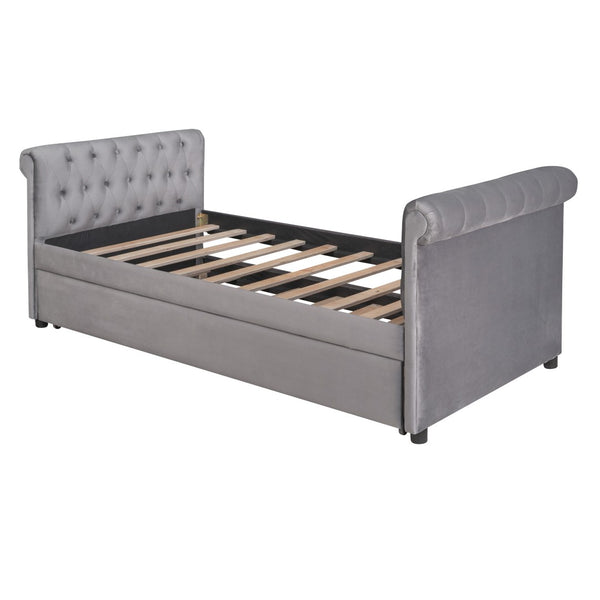HomeRoots Gray Tufted Upholstered Twin Day Bed with Trundle – Versatile Seating and Sleep Solution for Any Room 590585