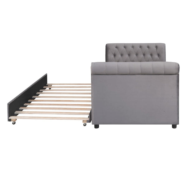 HomeRoots Gray Tufted Upholstered Twin Day Bed with Trundle – Versatile Seating and Sleep Solution for Any Room 590585