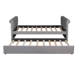 HomeRoots Gray Tufted Upholstered Twin Day Bed with Trundle – Versatile Seating and Sleep Solution for Any Room 590585