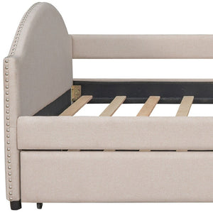 HomeRoots Beige Tufted Upholstered Full Day Bed with Trundle – Stylish Multi-Functional Seating & Sleeping Solution 590587