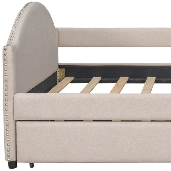 HomeRoots Beige Tufted Upholstered Full Day Bed with Trundle – Stylish Multi-Functional Seating & Sleeping Solution 590587