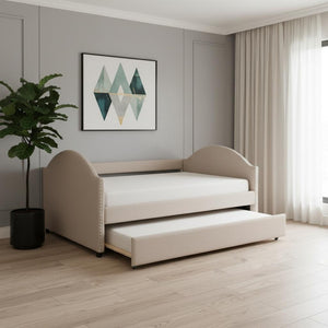 HomeRoots Beige Tufted Upholstered Full Day Bed with Trundle – Stylish Multi-Functional Seating & Sleeping Solution 590587