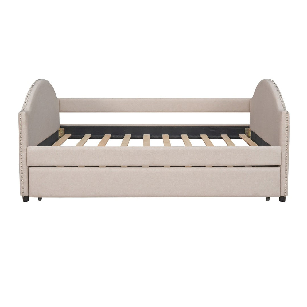 HomeRoots Beige Tufted Upholstered Full Day Bed with Trundle – Stylish Multi-Functional Seating & Sleeping Solution 590587