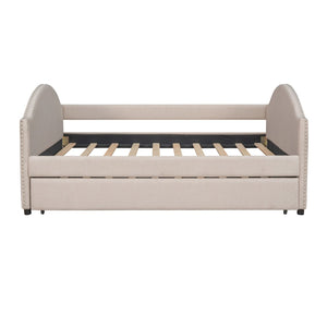 HomeRoots Beige Tufted Upholstered Full Day Bed with Trundle – Stylish Multi-Functional Seating & Sleeping Solution 590587