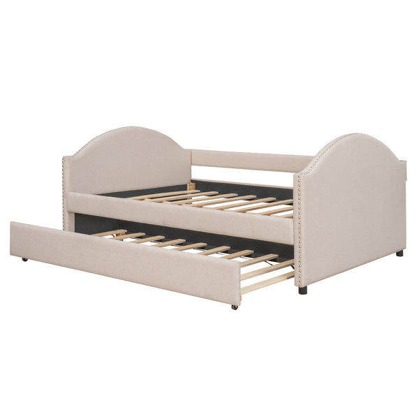 HomeRoots Beige Tufted Upholstered Full Day Bed with Trundle – Stylish Multi-Functional Seating & Sleeping Solution 590587