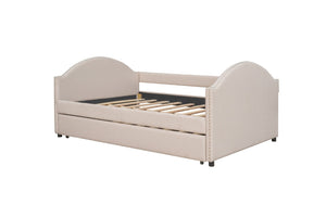 HomeRoots Beige Tufted Upholstered Full Day Bed with Trundle – Stylish Multi-Functional Seating & Sleeping Solution 590587