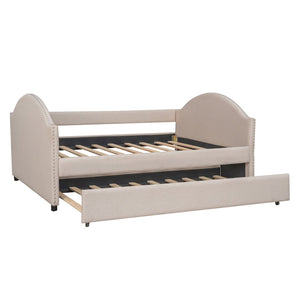HomeRoots Beige Tufted Upholstered Full Day Bed with Trundle – Stylish Multi-Functional Seating & Sleeping Solution 590587