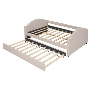HomeRoots Beige Tufted Upholstered Full Day Bed with Trundle – Stylish Multi-Functional Seating & Sleeping Solution 590587