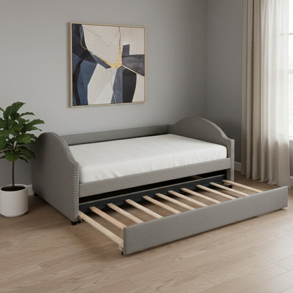 HomeRoots Gray Tufted Upholstered Full Daybed with Trundle – Stylish Multi-Functional Seating & Sleeping Solution 590589