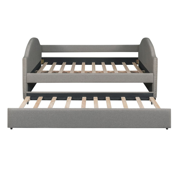 HomeRoots Gray Tufted Upholstered Full Daybed with Trundle – Stylish Multi-Functional Seating & Sleeping Solution 590589