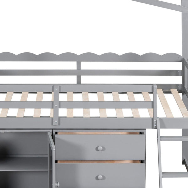HomeRoots Gray Slat Wood Twin Loft Bed with Integrated Storage and Stylish Shelves for Space-Saving Rooms 590597