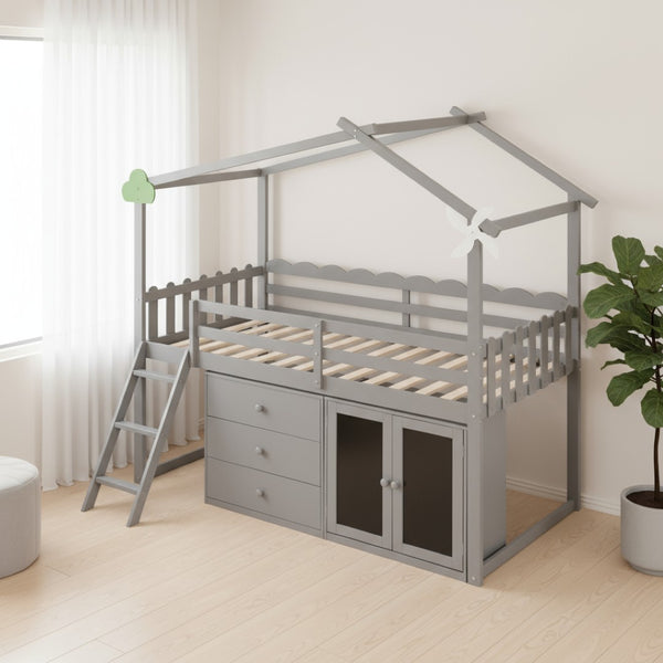 HomeRoots Gray Slat Wood Twin Loft Bed with Integrated Storage and Stylish Shelves for Space-Saving Rooms 590597