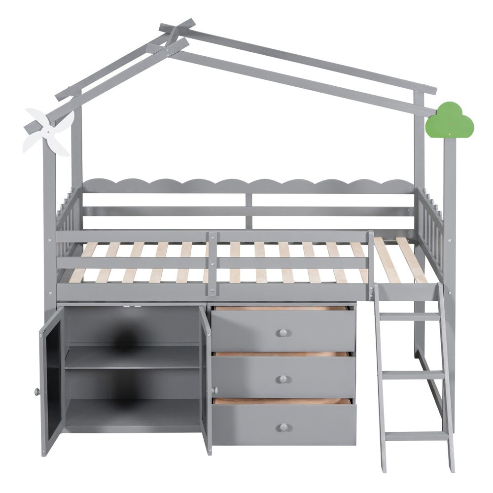 HomeRoots Gray Slat Wood Twin Loft Bed with Integrated Storage and Stylish Shelves for Space-Saving Rooms 590597