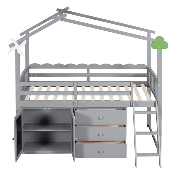 HomeRoots Gray Slat Wood Twin Loft Bed with Integrated Storage and Stylish Shelves for Space-Saving Rooms 590597