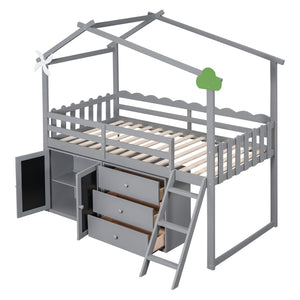 HomeRoots Gray Slat Wood Twin Loft Bed with Integrated Storage and Stylish Shelves for Space-Saving Rooms 590597