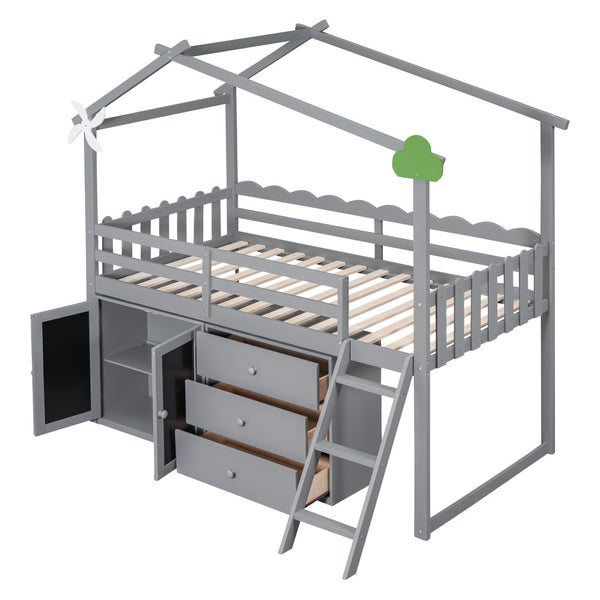 HomeRoots Gray Slat Wood Twin Loft Bed with Integrated Storage and Stylish Shelves for Space-Saving Rooms 590597