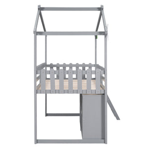 HomeRoots Gray Slat Wood Twin Loft Bed with Integrated Storage and Stylish Shelves for Space-Saving Rooms 590597