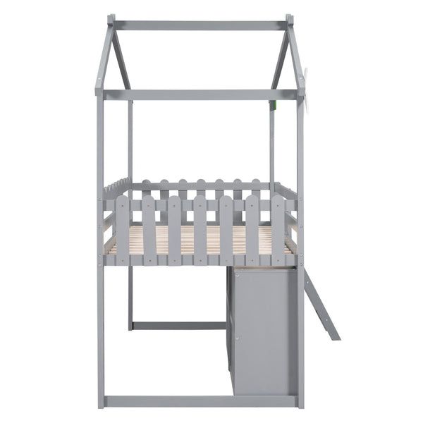 HomeRoots Gray Slat Wood Twin Loft Bed with Integrated Storage and Stylish Shelves for Space-Saving Rooms 590597