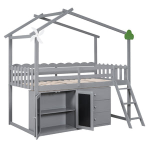 HomeRoots Gray Slat Wood Twin Loft Bed with Integrated Storage and Stylish Shelves for Space-Saving Rooms 590597