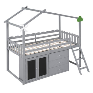 HomeRoots Gray Slat Wood Twin Loft Bed with Integrated Storage and Stylish Shelves for Space-Saving Rooms 590597