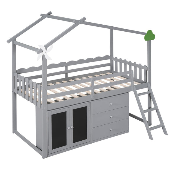 HomeRoots Gray Slat Wood Twin Loft Bed with Integrated Storage and Stylish Shelves for Space-Saving Rooms 590597