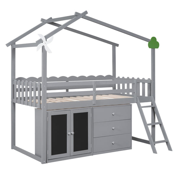 HomeRoots Gray Slat Wood Twin Loft Bed with Integrated Storage and Stylish Shelves for Space-Saving Rooms 590597