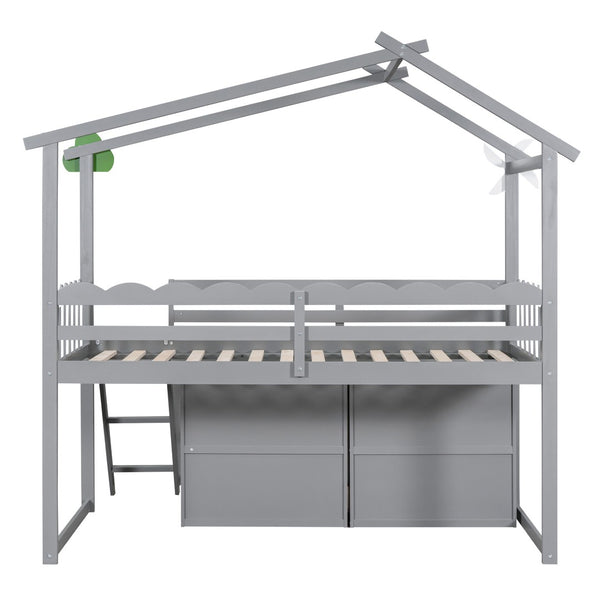 HomeRoots Gray Slat Wood Twin Loft Bed with Integrated Storage and Stylish Shelves for Space-Saving Rooms 590597