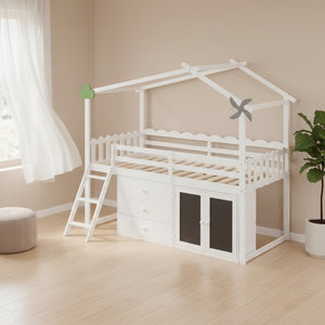 HomeRoots White Slat Wood Twin Loft Bed with Built-In Shelves – Stylish Space-Saving Design for Small Rooms 590599