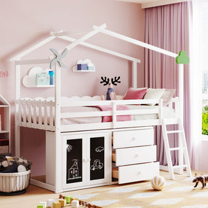 HomeRoots White Slat Wood Twin Loft Bed with Built-In Shelves – Stylish Space-Saving Design for Small Rooms 590599